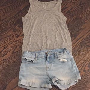 Gray tank top and light denim shorts!